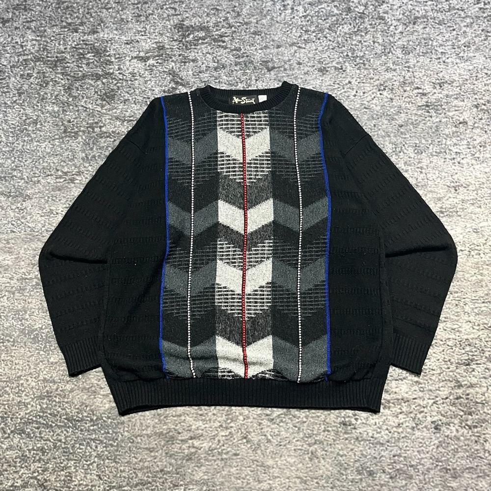 Vintage 90s Alan Stuart Sweater Mens‎ XL Black Knit Pattern Grandpa Made In USA